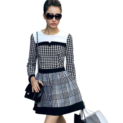 

Lovaru ™ Women Autumn And Winter Long Sleeve Brief Plaid Dress O-Neck Casual Dress A-Line Black Office Dress Free shipping