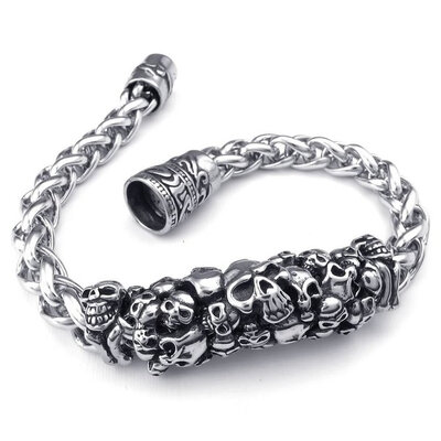 

Hpolw Men Cubic Zirconia silver&black Stainless Steel Spring buckle Bracelet&Biker Gothic Skullskeleton spiral type Bracele