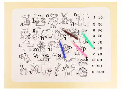 

Дети Scarwl моющиеся силиконовые раскраски Placemat с 12 водорастворимых ручки, алфавита животных