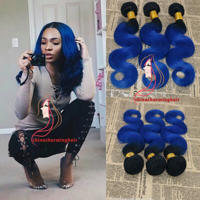

8A Brazilian Body Wave Ombre Color Two Tone 1B blue 3 Pcs Hot Human Hair Extensions Wholesale dark roots two tone hair Bundles Bra