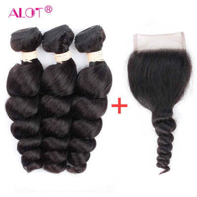 

ALot Hair 3 Bundles Loose Wave with Lace Closure Peruvian Loose Wave with 4x4 Closure 7A Virgin Human Hair Weave with Closure