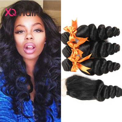 

7A Unprocessed Virgin Hair Brazilian Loose Wave With Closure 3Bundles With Closure Cheap Human Hair Weave Loose Wave with Closure