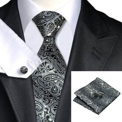 

N-0209 Vogue Men Silk Tie Set Black Paisley Necktie Handkerchief Cufflinks Set Ties For Men Formal Wedding Business wholesale