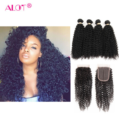 

Alot Malaysian Remy Hair Extension Kinkly Curly 4 Bundles with 1 Lace Closure Hair Weave