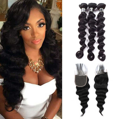

Удивительные волосы бразильских волос Virgin Bundles с закрытием Loose Wave Hair Bundles with Closure 4x4 inch Free Part Soft и Bouncy