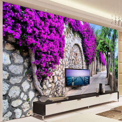 

Photo Wallpaper 3D Stereo Purple Flowers Brick Wall Small Street Mural Living Room Cafe Dining Room Romantic Interior Home Decor