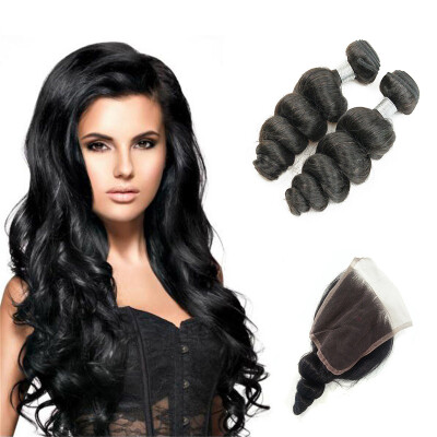 

kisshair loose wave raw Indian human hair 2 pcs/lot bundles hair with 4*4 lace closure