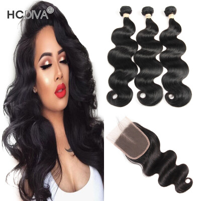 

HCDIVA Virgin Hair 3 Bundles With Closure Brazilian Body Wave Human Hair Bundles Plus Closure Free / Middle / Three Part 4 pcs/lot