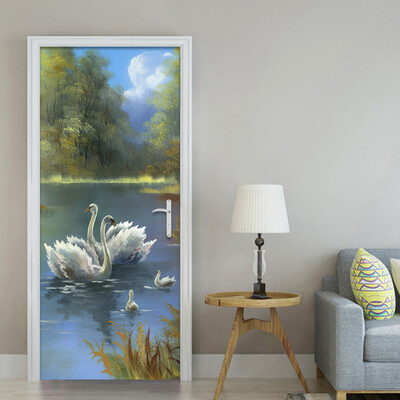 

Custom Mural Wallpaper European Style White Swan Lake Door Mural Sticker Dining Room Living Room Home Decor Sticker 77cm x 200cm