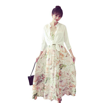 

Lovaru ™New Lady Bohemia beach resort collect waist skirt dress skirt with shoulder-straps chiffon flowers