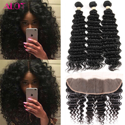 

ALOT Ear to Ear Lace Frontal Closure With Bundles 3 Bundles Cheap Indian Virgin Human Hair Deep Wave With Closure