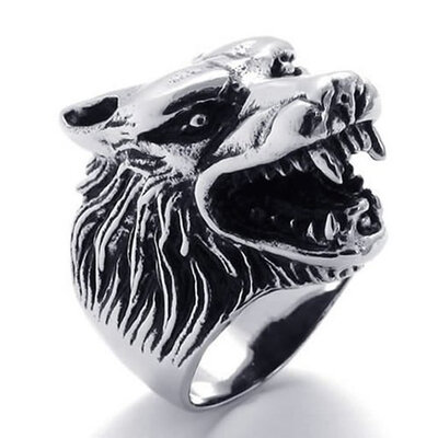

Hpolw Stainless Steel High quality Punk Vintage animal Wolf head rings Rock gothic Finger Ring Fashion bijouterie Mens Ring