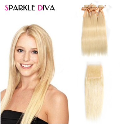 

Sparkle Diva Бразильские волосы Virgin Hair Straight Hair 3 Bundles With Closure 613 Blonde Hair Human Hair With 4x4 Closure Бесплатная доставка