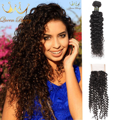 

7A Peruvian Virgin Hair Kinky Curly With Closure Peruvian Virgin Hair 4 Bundle with Closure Natural Color Unprocessed