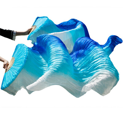 

1 Pair Dance Fans Bamboo Ribs Natural Silk Stage Performance Props Dye Fan Belly Dance Silk Fan Royal Blue+Turquoise+White stripes
