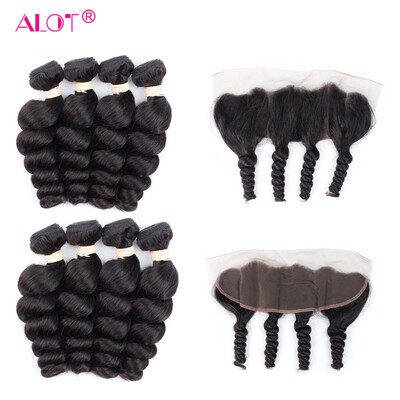 

Alot Hair Unprocessed Loose Wave Ear to Ear Lace Frontal с 4 комплектами Virgin Hair Weave с закрытием Перуанские волосы