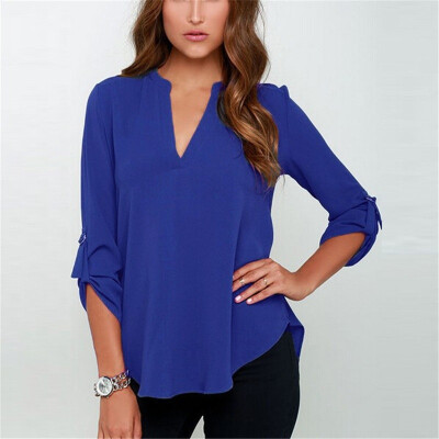 

8 Colors Large Size Female V Collar Long Sleeve Corrugated Sleeve Easy Shirt plus size (-5XL