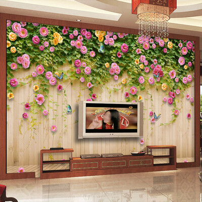 

Custom Mural Wallpaper Green Vine Butterfly Rose Flower Wood Board Backdrop Decoration Painting Mural Living Room TV Wall Paper