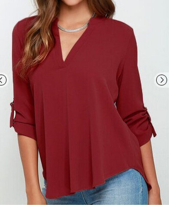 

8 Colors Large Size Female V Collar Long Sleeve Corrugated Sleeve Easy Shirt plus size (S-5XL)