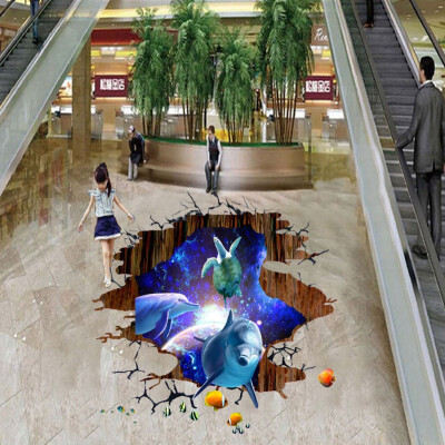 

Free shipping custom 3D Dolphin octopus shopping mall aquarium waterproof PVC floor wallpaper mural 250cmx200cm