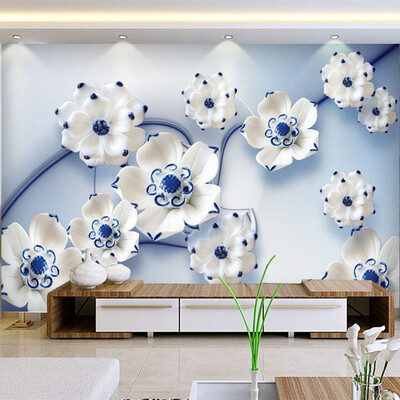 

Пользовательский 3D стереоскопический синий Lotus Jade Carving TV Background Wall Mural Дизайн обоев для спальни Обои для дома