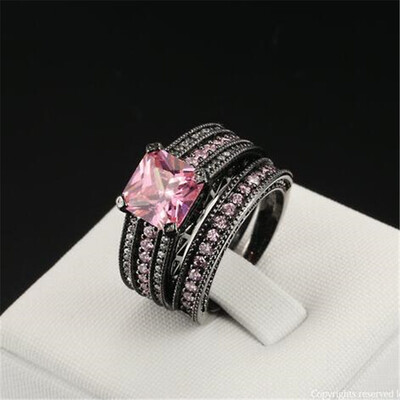 

Black Gold Color Pink Square crystal Luxury Bijoux Fashion Cocktail Party Ring Set CZ Crystal Jewelry For Women R601