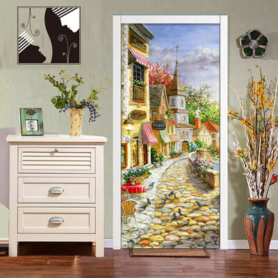 

European Town Oil Painting Mural Wallpaper Living Room Hotel Cafe Door Decor Wallpaper PVC Self-Adhesive Door Sticker 77cmx200cm