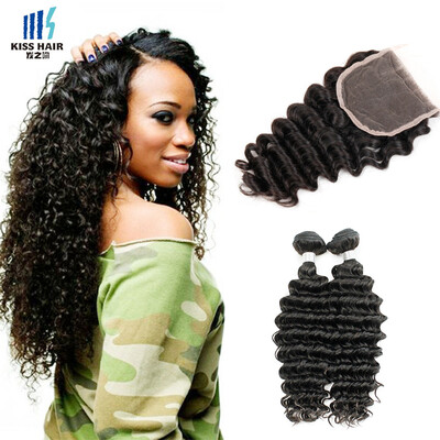 

kiss hair cheap 8 A grade nature color deep wave hair extension raw Brazilian human hair weaving 2 bundles with 4*4 lace closure