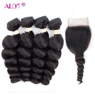 

ALot Hair Natural Black Remy Virgin Peruvian Loose Wave Hair 4 Bundles With Closure Human Hair Bundles With Lace Top Closure