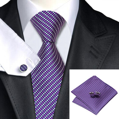 

N-0471 Vogue Men Silk Tie Set Purple Plaid Necktie Handkerchief Cufflinks Set Ties For Men Formal Wedding Business wholesale