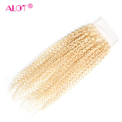 

Alot Hair Kinky Curly Lace Closure Free Part Color Blonde 10 inch -20 inch Peruvian Virgin Human Hair Closure 4*4 inch