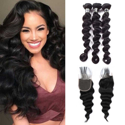

7A Peruvian Virgin Hair 3 Bundles With Closure Loose Wave With Closure Soft and Bouncy Human Hair With Closure With Baby Hair