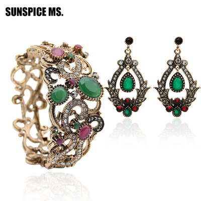 

New&Hot Indian Vintage Bangle Earrings Antique Resin Women Bracelet Cuff Long Dangle Earring Turkish Bridal Flower Jewelry Sets