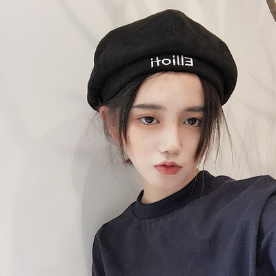 

DUSENNA hat female autumn&winter Korean version of the sweet warm wild beret British fashion riding hat pumpkin beret black