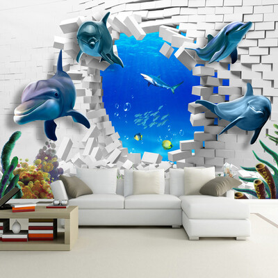 

Custom Mural 3D Stereoscopic Dolphin Broken Wall TV Sofa Backdrop Art Mural Painting Living Room Pictures Обои Домашний декор