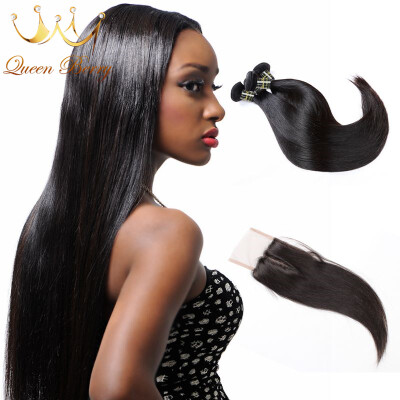 

7A Straight With Closure Brazilian Queen Berry Virgin Hair 4 Bundles With Closure Unprocessed Naturai Black Color