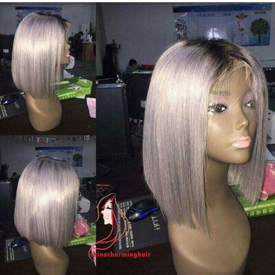 

dark roots Human Hair Bob Wig Ombre 1b grey Color Pre-plucked Hairline Peruvian Virgin Hair Lace Front Wig With Baby Hair