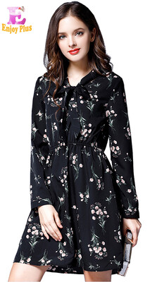 

XL XXL 3XL 4XL 5XL plus size office new autumn 2017 dress women long sleeve big size floral print bow a line bow midi lady