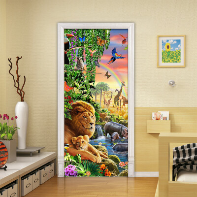 

3D Cartoon Children Mural Wallpaper Animal World Lion Forest 3D Wall Door Mural PVC Bedroom 3D Wallpaper Home Decor 77cmx200cm