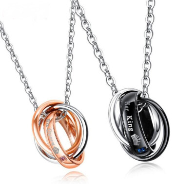 

Romantic 3 Multiple Promise Circle Finger Band Chain Necklack Stainless Steel Lovers CZ Chain "His Queen Her Queen" And Boxes