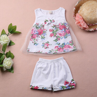 

CANIS@Summer Pretty Baby Girls Kids Suits Floar Sleevess Tulle Bow Tops + Short Pants Clothing Set Sz1-5Y