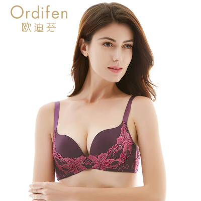 

Ou Difen ladies bra sexy embroidery no trace no steel ring small chest gathered bra beauty back XB6451 strange purple 75B