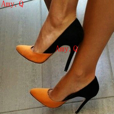 

women shoes 2017 high heels 11cm orange black cashmere leather stitching party wedding shoes for women plus size us4-13