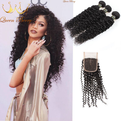 

Queen Berry 7a Kinky Curly Human Hair 3pcs With Lace Closure Unprocesed Curly Brazilian Human Hair With Closure Natural Color