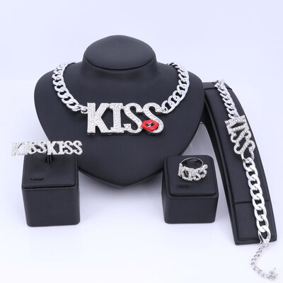 

New Sexy Women Accessories Gold Crystal Jewelry Sets Kiss Lipstick Big Letter Pendant Necklace Bracelet Earring Ring