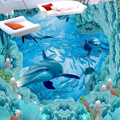 

Free shipping custom Underwater World Dolphin Floor moisture proof self-adhesive wallpaper floor living room bathroom 250cmx200cm