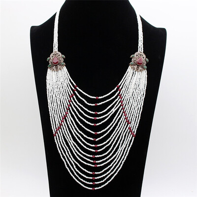 

Turkish Women Bead Strand Necklace Ethnic Flower Antique Gold Color Resin Royal Wedding Jewelry Beaded Sweater Chain Necklace