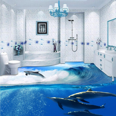 

Free Shipping Aesthetic shark dolphin wave flooring wallpaper square toilets decorative waterproof floor mural 250cmx200cm