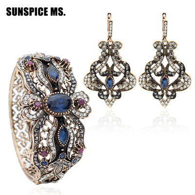 

Vintage Turkish Women Flower Love Bangle Cuff Long Hook Dangle Earrings Antique Gold Color India Resin Wedding Jewelry Sets Gift
