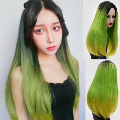 

JUNSI Wig Synthetic Hair Fashion Long Light Green Wig Ombre Yellow Color Natural Straight Hair New Fashion Sexy Wigs